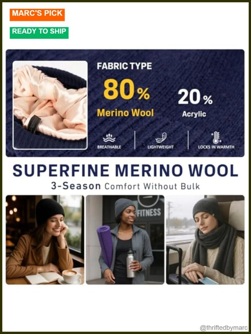 Oversized Satin Lined Merino Wool Beanie Winter Hat for Men Women